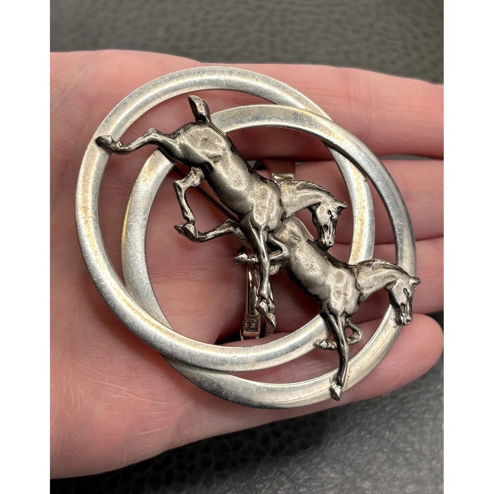 Vintage Equestrian Double Horse Brooch Galloping Horses Circular Silver Tone